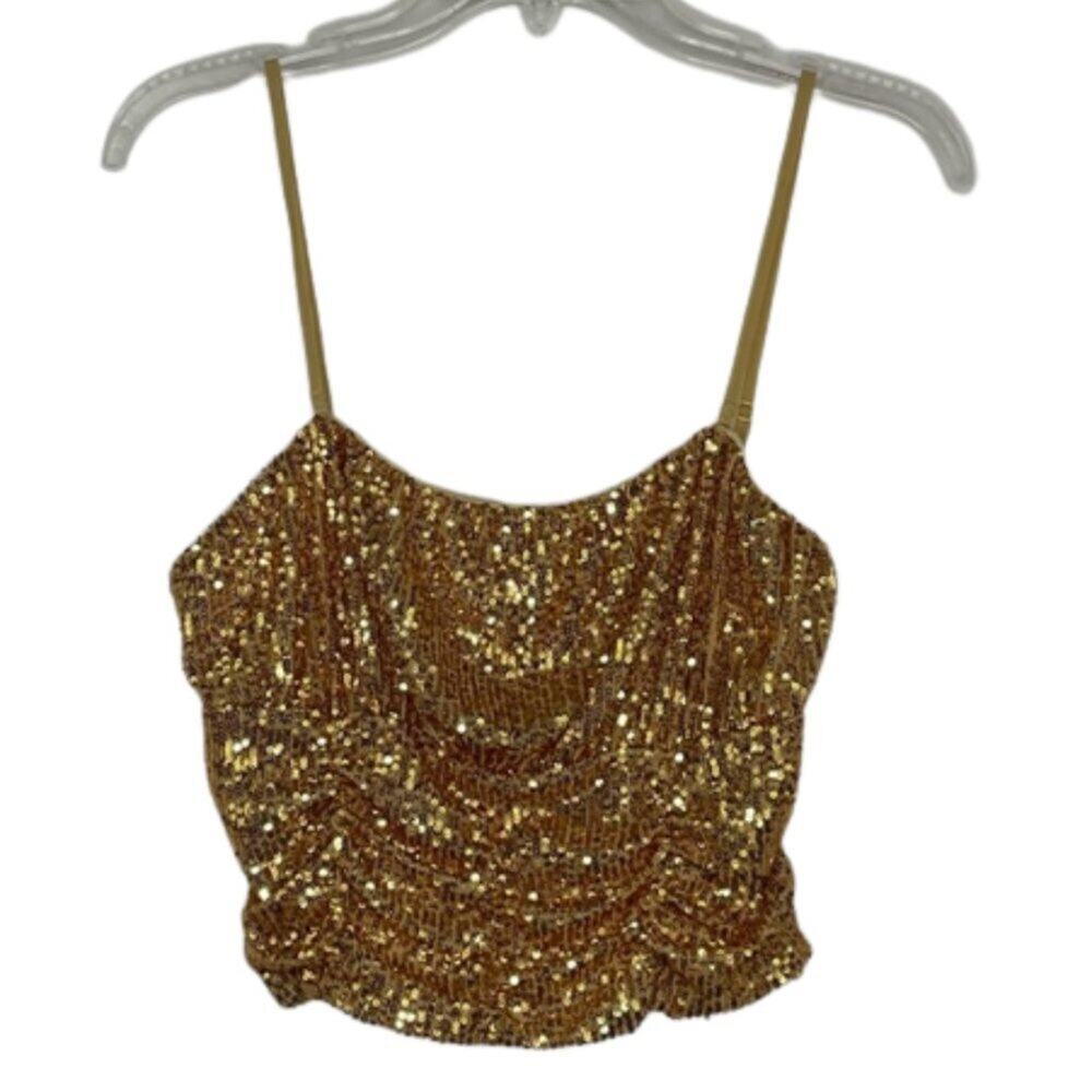 Free People gold sequin cropped tank top blouse size Large